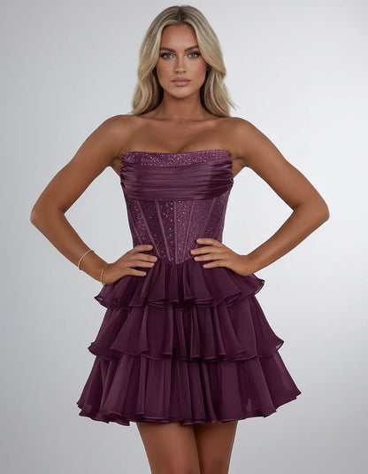 Chiffon Sequin Strapless Straight Neck Corset A-Line Mini Dress for Graduation, Homecoming, Cocktail Party, Evening & Wedding | SKU: LMD-641958273840516-PURPLE-L,LMD-641958273840516-PURPLE-M,LMD-641958273840516-PURPLE-S,LMD-641958273840516-PURPLE-XL,LMD-641958273840516-PURPLE-XS