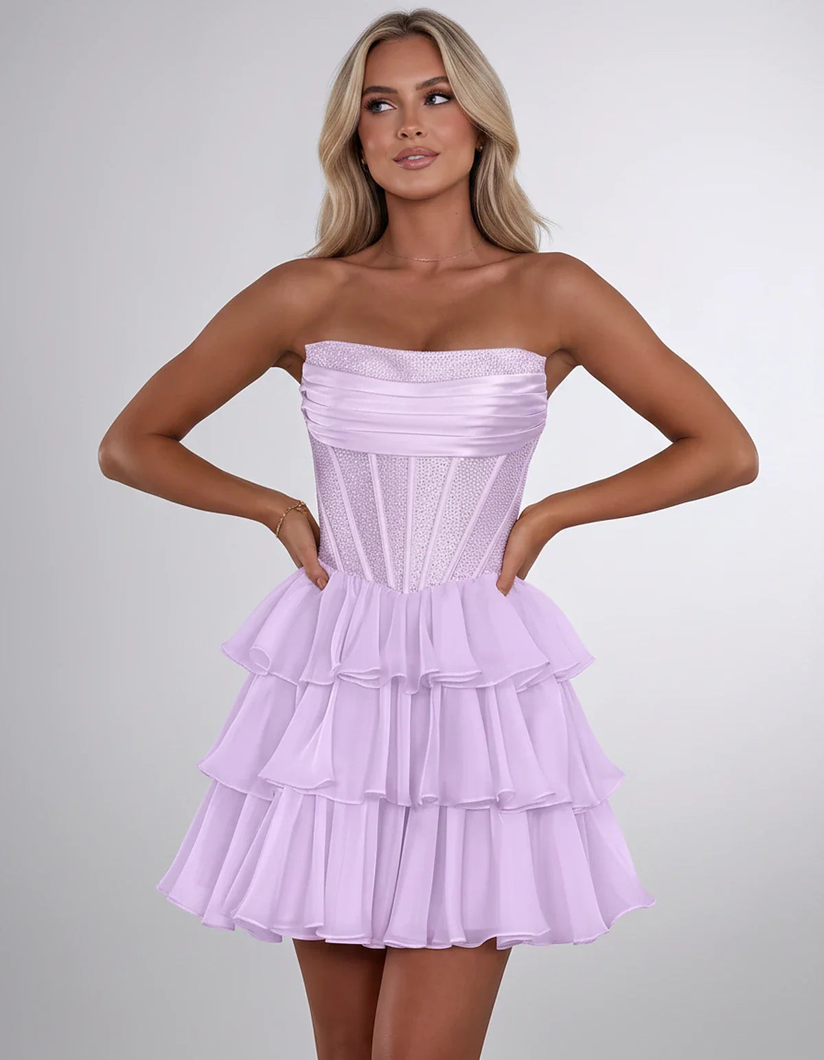Chiffon Sequin Strapless Straight Neck Corset A-Line Mini Dress for Graduation, Homecoming, Cocktail Party, Evening & Wedding | SKU: LMD-641958273840516-LILAC-L,LMD-641958273840516-LILAC-M,LMD-641958273840516-LILAC-S,LMD-641958273840516-LILAC-XL,LMD-641958273840516-LILAC-XS