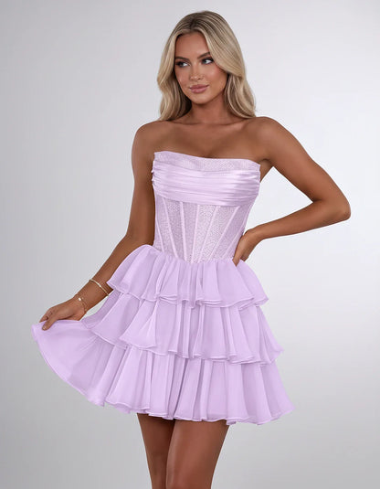 Chiffon Sequin Strapless Straight Neck Corset A-Line Mini Dress for Graduation, Homecoming, Cocktail Party, Evening & Wedding | SKU: LMD-641958273840516-LILAC-L,LMD-641958273840516-LILAC-M,LMD-641958273840516-LILAC-S,LMD-641958273840516-LILAC-XL,LMD-641958273840516-LILAC-XS