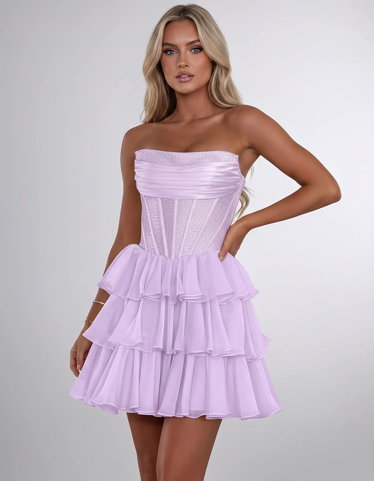 Chiffon Sequin Strapless Straight Neck Corset A-Line Mini Dress for Graduation, Homecoming, Cocktail Party, Evening & Wedding | SKU: LMD-641958273840516-LILAC-L,LMD-641958273840516-LILAC-M,LMD-641958273840516-LILAC-S,LMD-641958273840516-LILAC-XL,LMD-641958273840516-LILAC-XS