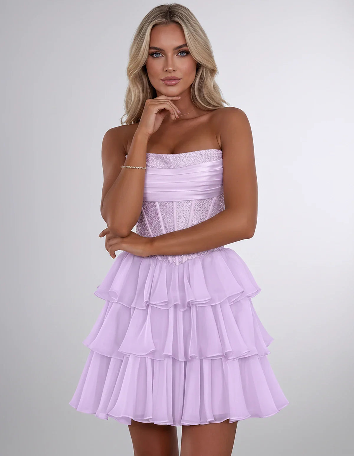Chiffon Sequin Strapless Straight Neck Corset A-Line Mini Dress for Graduation, Homecoming, Cocktail Party, Evening & Wedding | SKU: LMD-641958273840516-LILAC-L,LMD-641958273840516-LILAC-M,LMD-641958273840516-LILAC-S,LMD-641958273840516-LILAC-XL,LMD-641958273840516-LILAC-XS