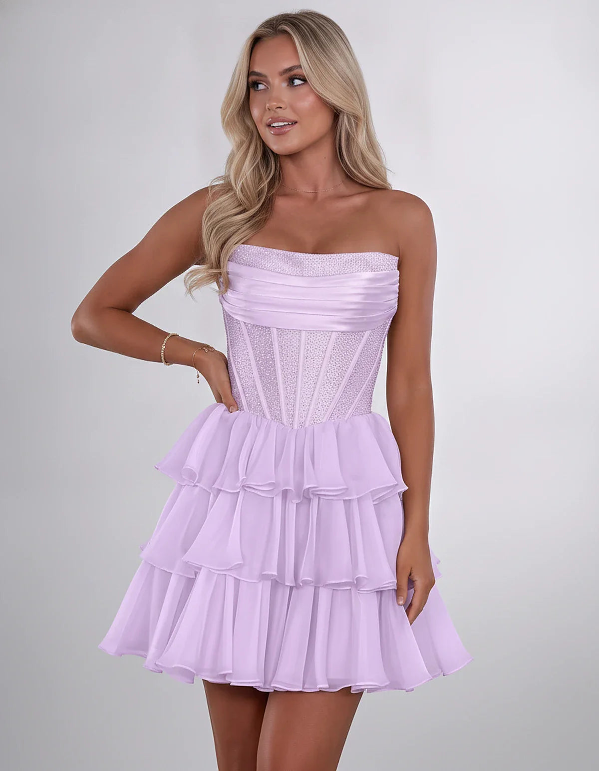 Chiffon Sequin Strapless Straight Neck Corset A-Line Mini Dress for Graduation, Homecoming, Cocktail Party, Evening & Wedding | SKU: LMD-641958273840516-LILAC-L,LMD-641958273840516-LILAC-M,LMD-641958273840516-LILAC-S,LMD-641958273840516-LILAC-XL,LMD-641958273840516-LILAC-XS