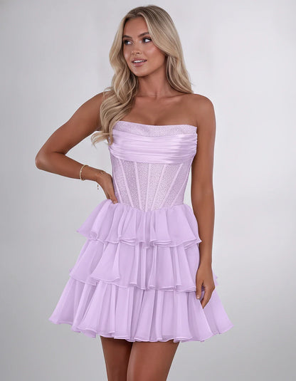 Chiffon Sequin Strapless Straight Neck Corset A-Line Mini Dress for Graduation, Homecoming, Cocktail Party, Evening & Wedding | SKU: LMD-641958273840516-LILAC-L,LMD-641958273840516-LILAC-M,LMD-641958273840516-LILAC-S,LMD-641958273840516-LILAC-XL,LMD-641958273840516-LILAC-XS