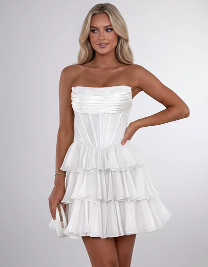 Chiffon Sequin Strapless Straight Neck Corset A-Line Mini Dress for Graduation, Homecoming, Cocktail Party, Evening & Wedding | SKU: LMD-641958273840516-WHITE-L,LMD-641958273840516-WHITE-M,LMD-641958273840516-WHITE-S,LMD-641958273840516-WHITE-XL,LMD-641958273840516-WHITE-XS