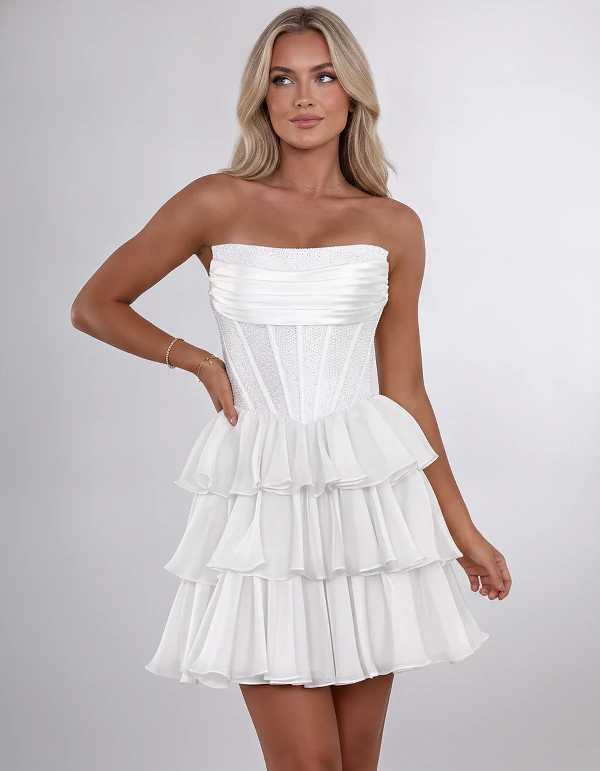 Chiffon Sequin Strapless Straight Neck Corset A-Line Mini Dress for Graduation, Homecoming, Cocktail Party, Evening & Wedding | SKU: LMD-641958273840516-WHITE-L,LMD-641958273840516-WHITE-M,LMD-641958273840516-WHITE-S,LMD-641958273840516-WHITE-XL,LMD-641958273840516-WHITE-XS