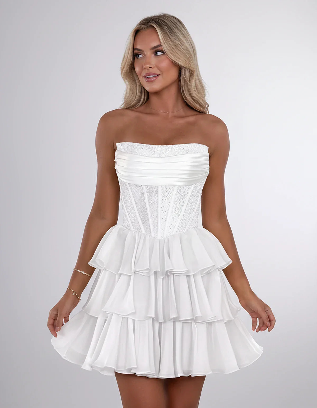 Chiffon Sequin Strapless Straight Neck Corset A-Line Mini Dress for Graduation, Homecoming, Cocktail Party, Evening & Wedding | SKU: LMD-641958273840516-WHITE-L,LMD-641958273840516-WHITE-M,LMD-641958273840516-WHITE-S,LMD-641958273840516-WHITE-XL,LMD-641958273840516-WHITE-XS
