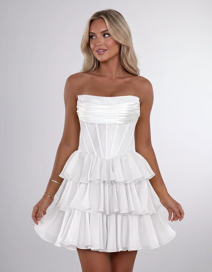 Chiffon Sequin Strapless Straight Neck Corset A-Line Mini Dress for Graduation, Homecoming, Cocktail Party, Evening & Wedding | SKU: LMD-641958273840516-WHITE-L,LMD-641958273840516-WHITE-M,LMD-641958273840516-WHITE-S,LMD-641958273840516-WHITE-XL,LMD-641958273840516-WHITE-XS
