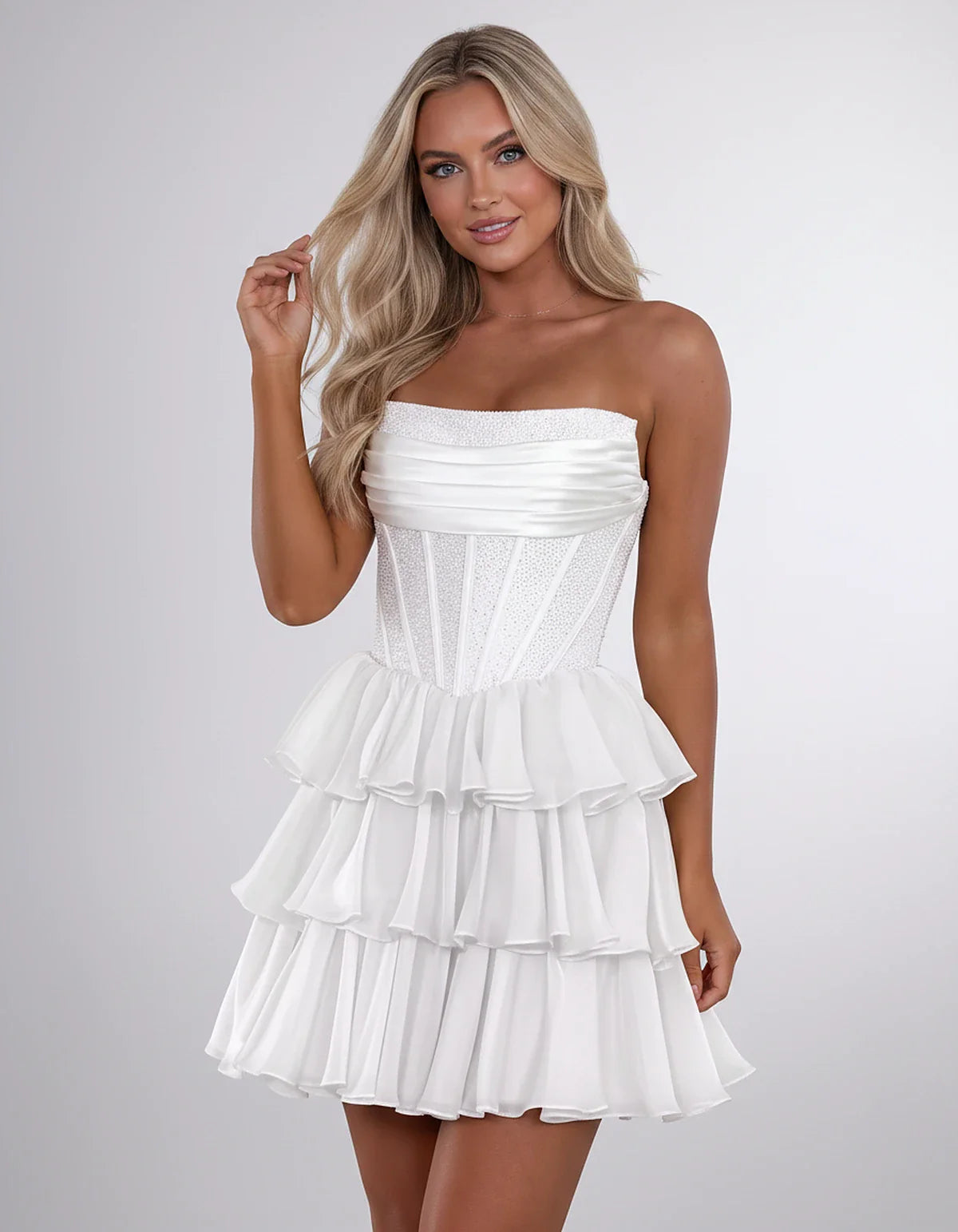 Chiffon Sequin Strapless Straight Neck Corset A-Line Mini Dress for Graduation, Homecoming, Cocktail Party, Evening & Wedding | SKU: LMD-641958273840516-WHITE-L,LMD-641958273840516-WHITE-M,LMD-641958273840516-WHITE-S,LMD-641958273840516-WHITE-XL,LMD-641958273840516-WHITE-XS
