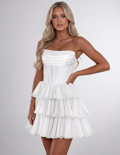 Chiffon Sequin Strapless Straight Neck Corset A-Line Mini Dress for Graduation, Homecoming, Cocktail Party, Evening & Wedding | SKU: LMD-641958273840516-WHITE-L,LMD-641958273840516-WHITE-M,LMD-641958273840516-WHITE-S,LMD-641958273840516-WHITE-XL,LMD-641958273840516-WHITE-XS