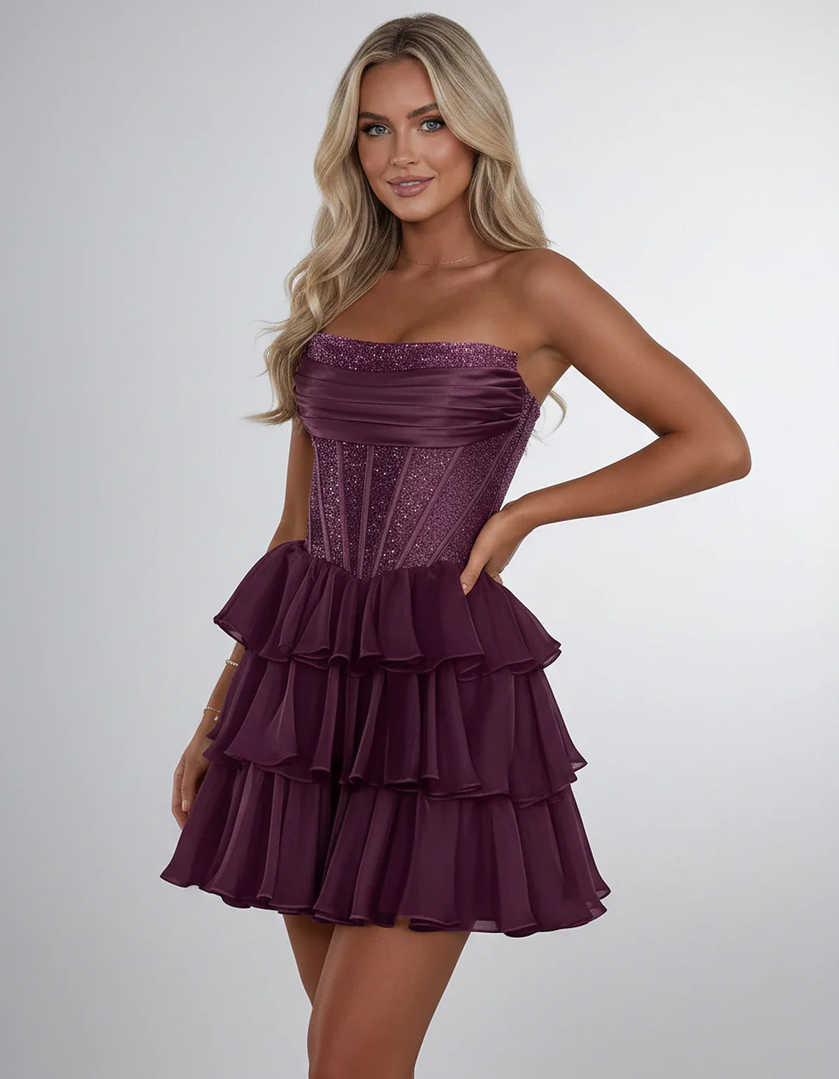 Chiffon Sequin Strapless Straight Neck Corset A-Line Mini Dress for Graduation, Homecoming, Cocktail Party, Evening & Wedding | SKU: LMD-641958273840516-PURPLE-L,LMD-641958273840516-PURPLE-M,LMD-641958273840516-PURPLE-S,LMD-641958273840516-PURPLE-XL,LMD-641958273840516-PURPLE-XS
