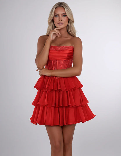 Chiffon Sequin Strapless Straight Neck Corset A-Line Mini Dress for Graduation, Homecoming, Cocktail Party, Evening & Wedding | SKU: LMD-641958273840516-RED-L,LMD-641958273840516-RED-M,LMD-641958273840516-RED-S,LMD-641958273840516-RED-XL,LMD-641958273840516-RED-XS