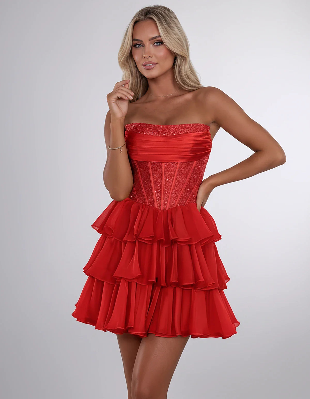 Chiffon Sequin Strapless Straight Neck Corset A-Line Mini Dress for Graduation, Homecoming, Cocktail Party, Evening & Wedding | SKU: LMD-641958273840516-RED-L,LMD-641958273840516-RED-M,LMD-641958273840516-RED-S,LMD-641958273840516-RED-XL,LMD-641958273840516-RED-XS