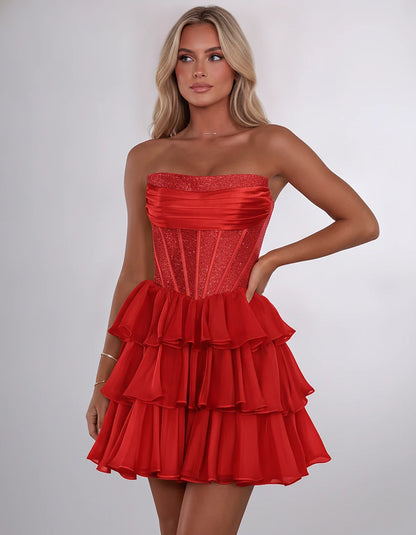 Chiffon Sequin Strapless Straight Neck Corset A-Line Mini Dress for Graduation, Homecoming, Cocktail Party, Evening & Wedding | SKU: LMD-641958273840516-RED-L,LMD-641958273840516-RED-M,LMD-641958273840516-RED-S,LMD-641958273840516-RED-XL,LMD-641958273840516-RED-XS