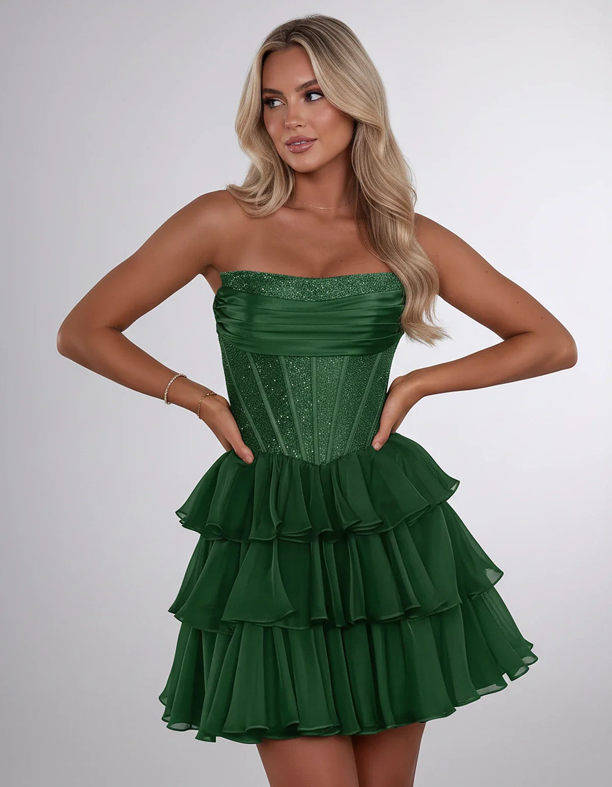 Chiffon Sequin Strapless Straight Neck Corset A-Line Mini Dress for Graduation, Homecoming, Cocktail Party, Evening & Wedding | SKU: LMD-641958273840516-EMERALD-L,LMD-641958273840516-EMERALD-M,LMD-641958273840516-EMERALD-S,LMD-641958273840516-EMERALD-XL,LMD-641958273840516-EMERALD-XS