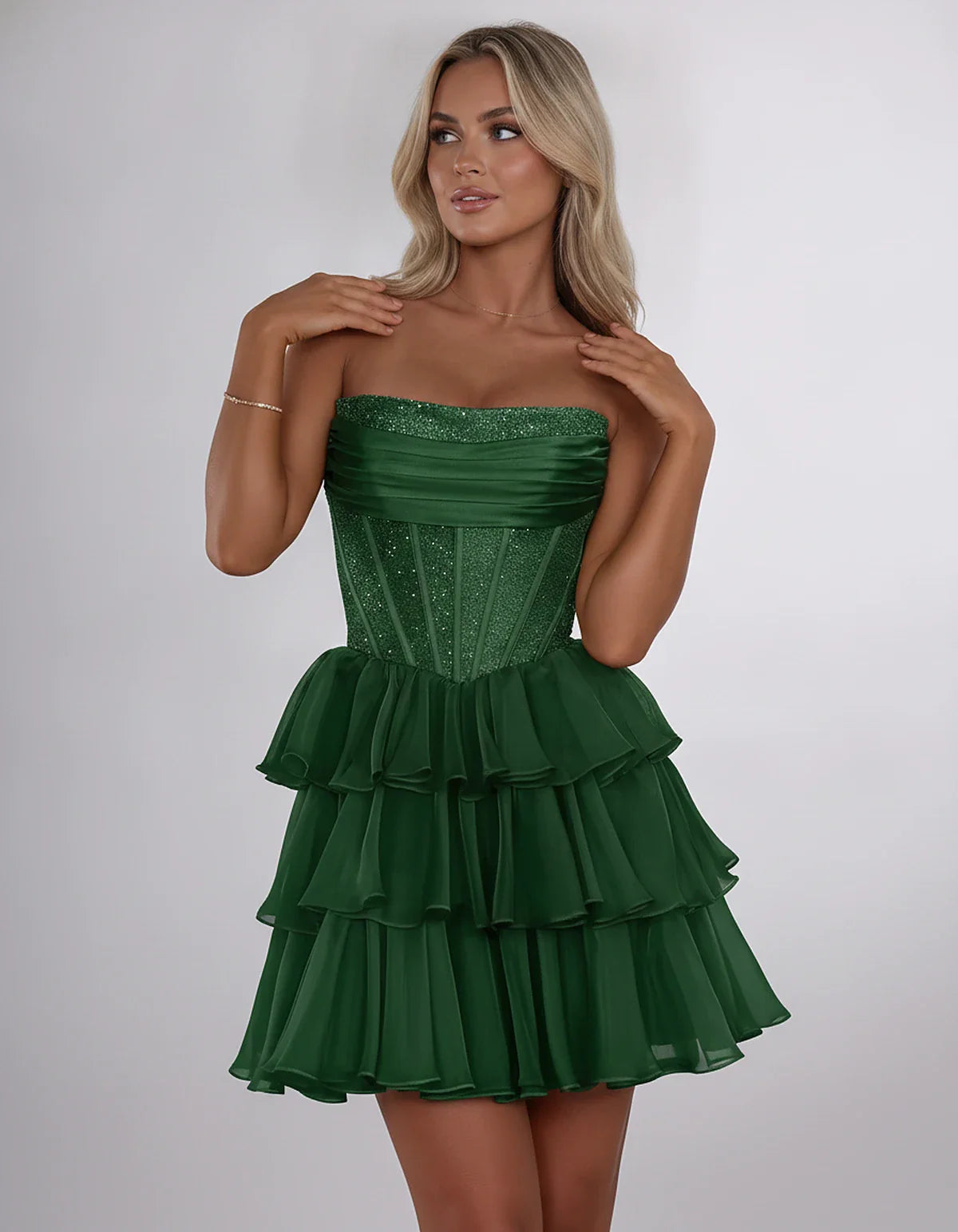 Chiffon Sequin Strapless Straight Neck Corset A-Line Mini Dress for Graduation, Homecoming, Cocktail Party, Evening & Wedding | SKU: LMD-641958273840516-EMERALD-L,LMD-641958273840516-EMERALD-M,LMD-641958273840516-EMERALD-S,LMD-641958273840516-EMERALD-XL,LMD-641958273840516-EMERALD-XS