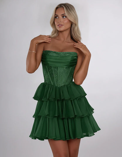 Chiffon Sequin Strapless Straight Neck Corset A-Line Mini Dress for Graduation, Homecoming, Cocktail Party, Evening & Wedding | SKU: LMD-641958273840516-EMERALD-L,LMD-641958273840516-EMERALD-M,LMD-641958273840516-EMERALD-S,LMD-641958273840516-EMERALD-XL,LMD-641958273840516-EMERALD-XS