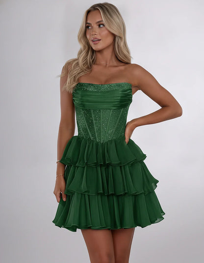 Chiffon Sequin Strapless Straight Neck Corset A-Line Mini Dress for Graduation, Homecoming, Cocktail Party, Evening & Wedding | SKU: LMD-641958273840516-EMERALD-L,LMD-641958273840516-EMERALD-M,LMD-641958273840516-EMERALD-S,LMD-641958273840516-EMERALD-XL,LMD-641958273840516-EMERALD-XS