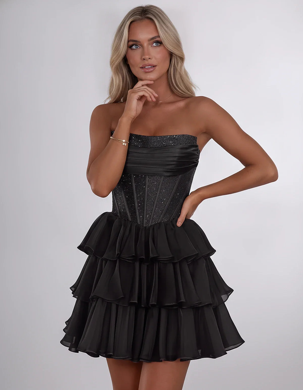 Chiffon Sequin Strapless Straight Neck Corset A-Line Mini Dress for Graduation, Homecoming, Cocktail Party, Evening & Wedding | SKU: LMD-641958273840516-BLACK-L,LMD-641958273840516-BLACK-M,LMD-641958273840516-BLACK-S,LMD-641958273840516-BLACK-XL,LMD-641958273840516-BLACK-XS