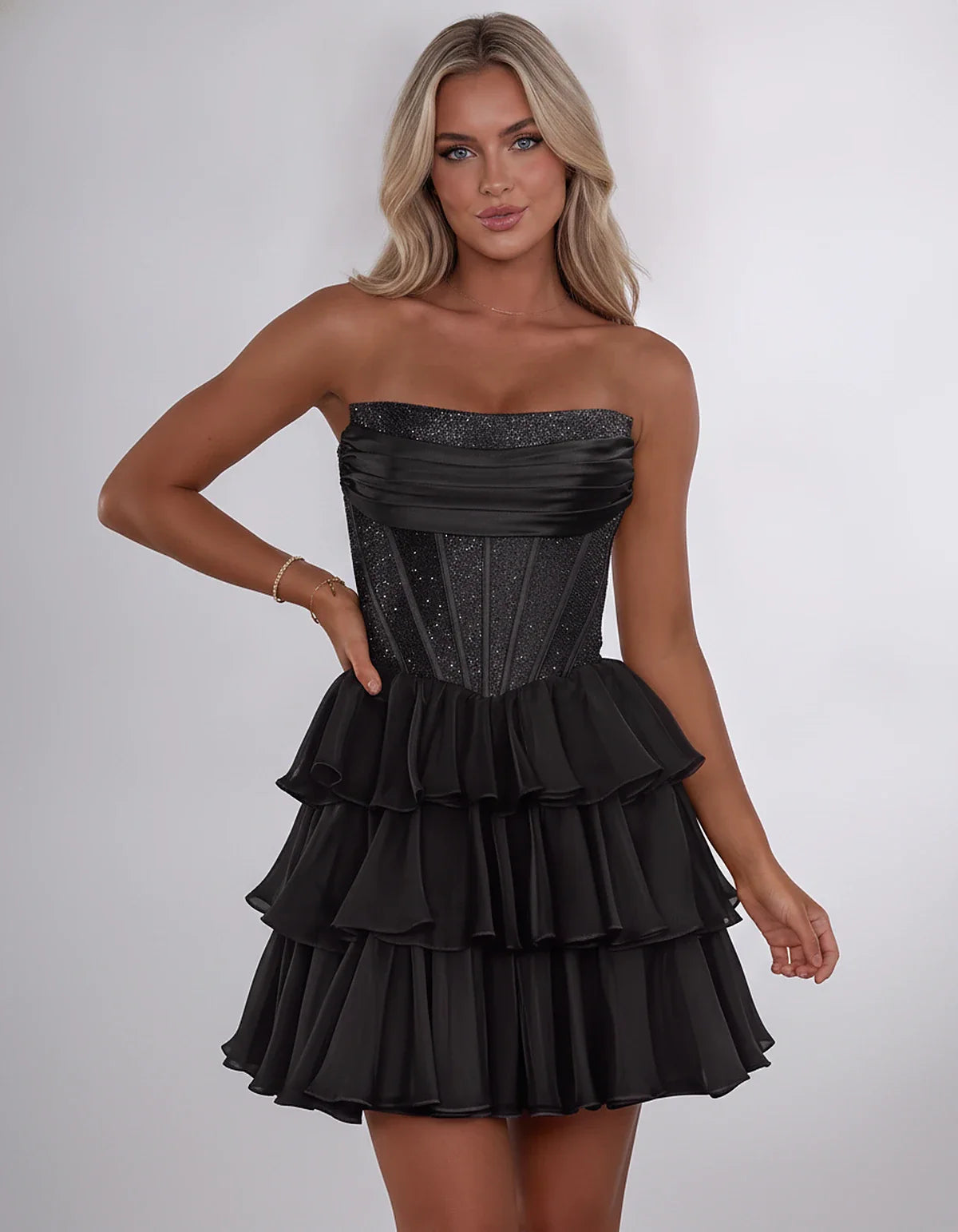 Chiffon Sequin Strapless Straight Neck Corset A-Line Mini Dress for Graduation, Homecoming, Cocktail Party, Evening & Wedding | SKU: LMD-641958273840516-BLACK-L,LMD-641958273840516-BLACK-M,LMD-641958273840516-BLACK-S,LMD-641958273840516-BLACK-XL,LMD-641958273840516-BLACK-XS