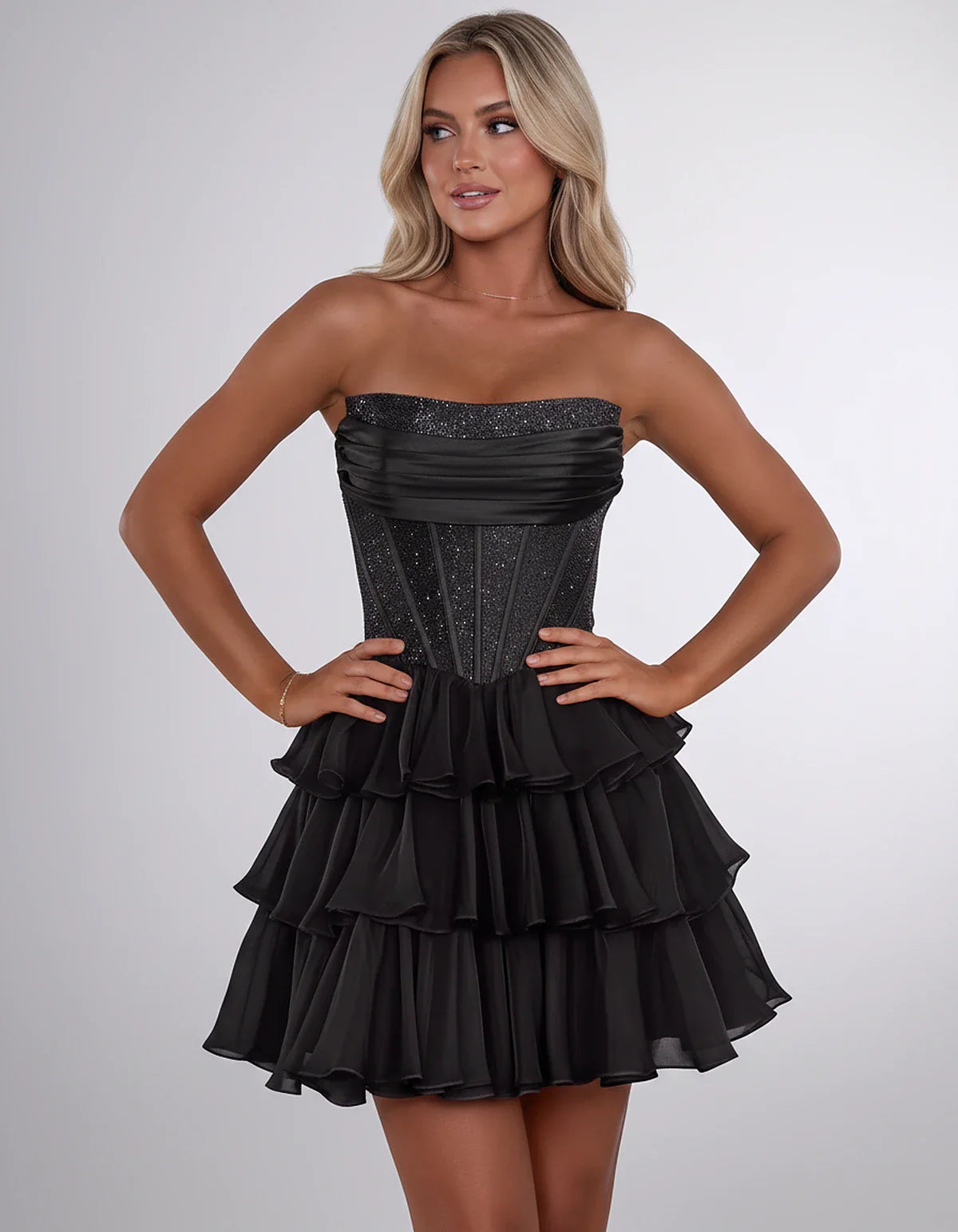 Chiffon Sequin Strapless Straight Neck Corset A-Line Mini Dress for Graduation, Homecoming, Cocktail Party, Evening & Wedding | SKU: LMD-641958273840516-BLACK-L,LMD-641958273840516-BLACK-M,LMD-641958273840516-BLACK-S,LMD-641958273840516-BLACK-XL,LMD-641958273840516-BLACK-XS
