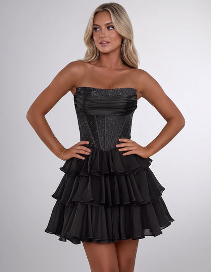 Chiffon Sequin Strapless Straight Neck Corset A-Line Mini Dress for Graduation, Homecoming, Cocktail Party, Evening & Wedding | SKU: LMD-641958273840516-BLACK-L,LMD-641958273840516-BLACK-M,LMD-641958273840516-BLACK-S,LMD-641958273840516-BLACK-XL,LMD-641958273840516-BLACK-XS