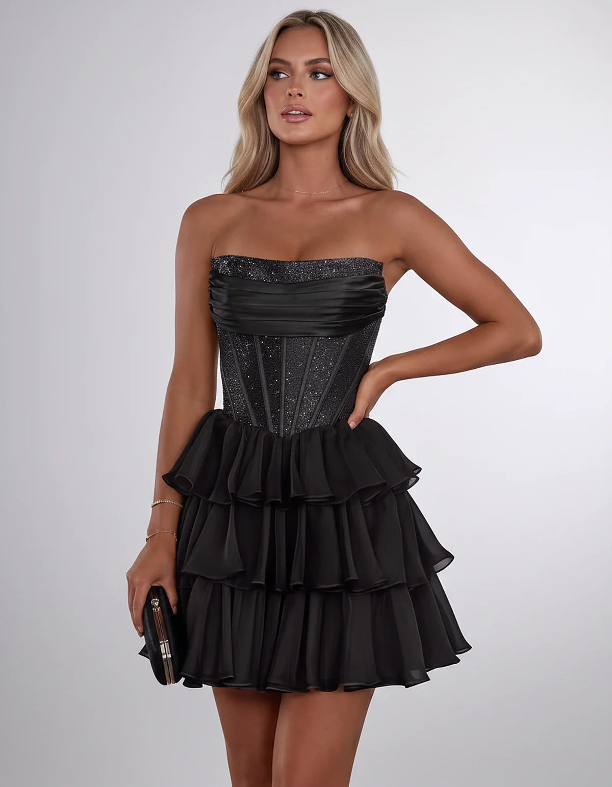 Chiffon Sequin Strapless Straight Neck Corset A-Line Mini Dress for Graduation, Homecoming, Cocktail Party, Evening & Wedding | SKU: LMD-641958273840516-BLACK-L,LMD-641958273840516-BLACK-M,LMD-641958273840516-BLACK-S,LMD-641958273840516-BLACK-XL,LMD-641958273840516-BLACK-XS
