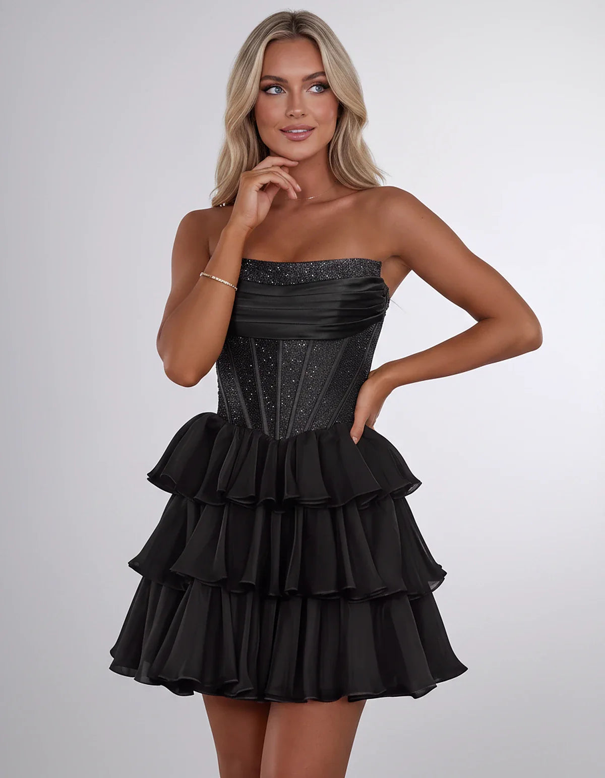 Chiffon Sequin Strapless Straight Neck Corset A-Line Mini Dress for Graduation, Homecoming, Cocktail Party, Evening & Wedding | SKU: LMD-641958273840516-BLACK-L,LMD-641958273840516-BLACK-M,LMD-641958273840516-BLACK-S,LMD-641958273840516-BLACK-XL,LMD-641958273840516-BLACK-XS