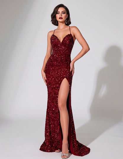 Sequin Spaghetti Strap V-Neck Mermaid Maxi Dress for Party, Cocktail, Evening, Wedding Guest, Gala & Summer Events, front vie | SKU: LMD-583947216845731-BURGUNDY-L,LMD-583947216845731-BURGUNDY-M,LMD-583947216845731-BURGUNDY-S,LMD-583947216845731-BURGUNDY-XL,LMD-583947216845731-BURGUNDY-XS