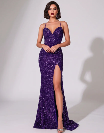 Sequin Spaghetti Strap V-Neck Mermaid Maxi Dress for Party, Cocktail, Evening, Wedding Guest, Gala & Summer Events, front vie | SKU: LMD-583947216845731-PLUM-L,LMD-583947216845731-PLUM-M,LMD-583947216845731-PLUM-S,LMD-583947216845731-PLUM-XL,LMD-583947216845731-PLUM-XS