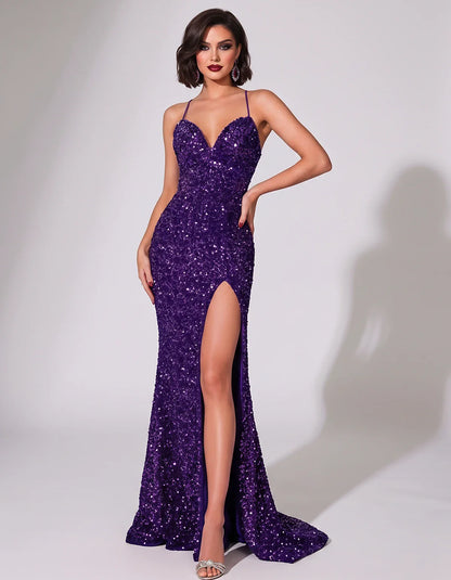 Sequin Spaghetti Strap V-Neck Mermaid Maxi Dress for Party, Cocktail, Evening, Wedding Guest, Gala & Summer Events, front vie | SKU: LMD-583947216845731-PLUM-L,LMD-583947216845731-PLUM-M,LMD-583947216845731-PLUM-S,LMD-583947216845731-PLUM-XL,LMD-583947216845731-PLUM-XS