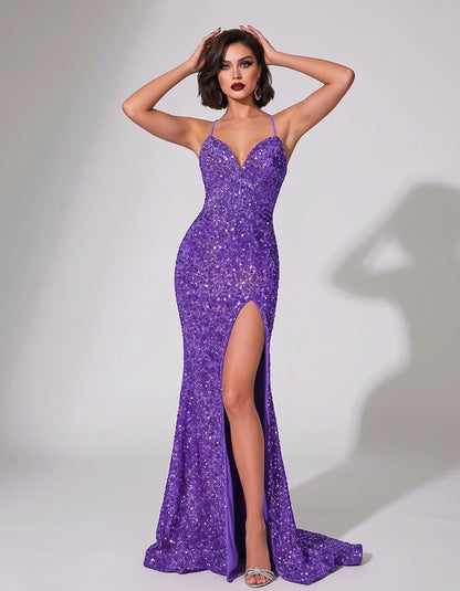 Sequin Spaghetti Strap V-Neck Mermaid Maxi Dress for Party, Cocktail, Evening, Wedding Guest, Gala & Summer Events, front vie | SKU: LMD-583947216845731-PURPLE-L,LMD-583947216845731-PURPLE-M,LMD-583947216845731-PURPLE-S,LMD-583947216845731-PURPLE-XL,LMD-583947216845731-PURPLE-XS