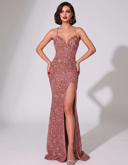 Sequin Spaghetti Strap V-Neck Mermaid Maxi Dress for Party, Cocktail, Evening, Wedding Guest, Gala & Summer Events, front vie | SKU: LMD-583947216845731-ROSEGOLD-L,LMD-583947216845731-ROSEGOLD-M,LMD-583947216845731-ROSEGOLD-S,LMD-583947216845731-ROSEGOLD-XL,LMD-583947216845731-ROSEGOLD-XS