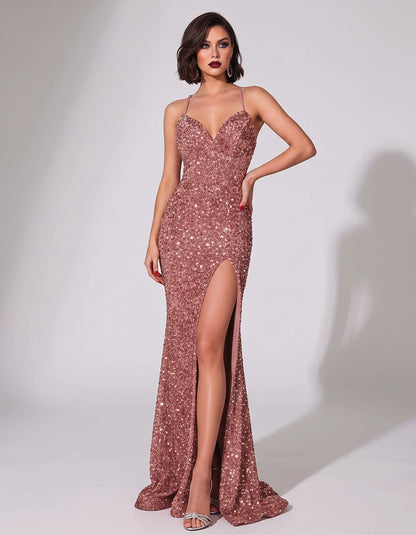 Sequin Spaghetti Strap V-Neck Mermaid Maxi Dress for Party, Cocktail, Evening, Wedding Guest, Gala & Summer Events, front vie | SKU: LMD-583947216845731-ROSEGOLD-L,LMD-583947216845731-ROSEGOLD-M,LMD-583947216845731-ROSEGOLD-S,LMD-583947216845731-ROSEGOLD-XL,LMD-583947216845731-ROSEGOLD-XS