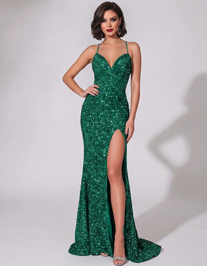 Sequin Spaghetti Strap V-Neck Mermaid Maxi Dress for Party, Cocktail, Evening, Wedding Guest, Gala & Summer Events, front vie | SKU: LMD-583947216845731-TEAL-L,LMD-583947216845731-TEAL-M,LMD-583947216845731-TEAL-S,LMD-583947216845731-TEAL-XL,LMD-583947216845731-TEAL-XS