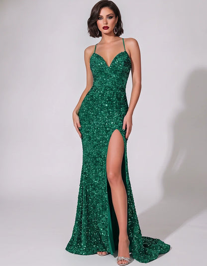 Sequin Spaghetti Strap V-Neck Mermaid Maxi Dress for Party, Cocktail, Evening, Wedding Guest, Gala & Summer Events, front vie | SKU: LMD-583947216845731-TEAL-L,LMD-583947216845731-TEAL-M,LMD-583947216845731-TEAL-S,LMD-583947216845731-TEAL-XL,LMD-583947216845731-TEAL-XS