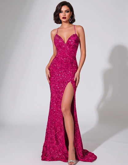 Sequin Spaghetti Strap V-Neck Mermaid Maxi Dress for Party, Cocktail, Evening, Wedding Guest, Gala & Summer Events, front vie | SKU: LMD-583947216845731-FUCHSIA-L,LMD-583947216845731-FUCHSIA-M,LMD-583947216845731-FUCHSIA-S,LMD-583947216845731-FUCHSIA-XL,LMD-583947216845731-FUCHSIA-XS