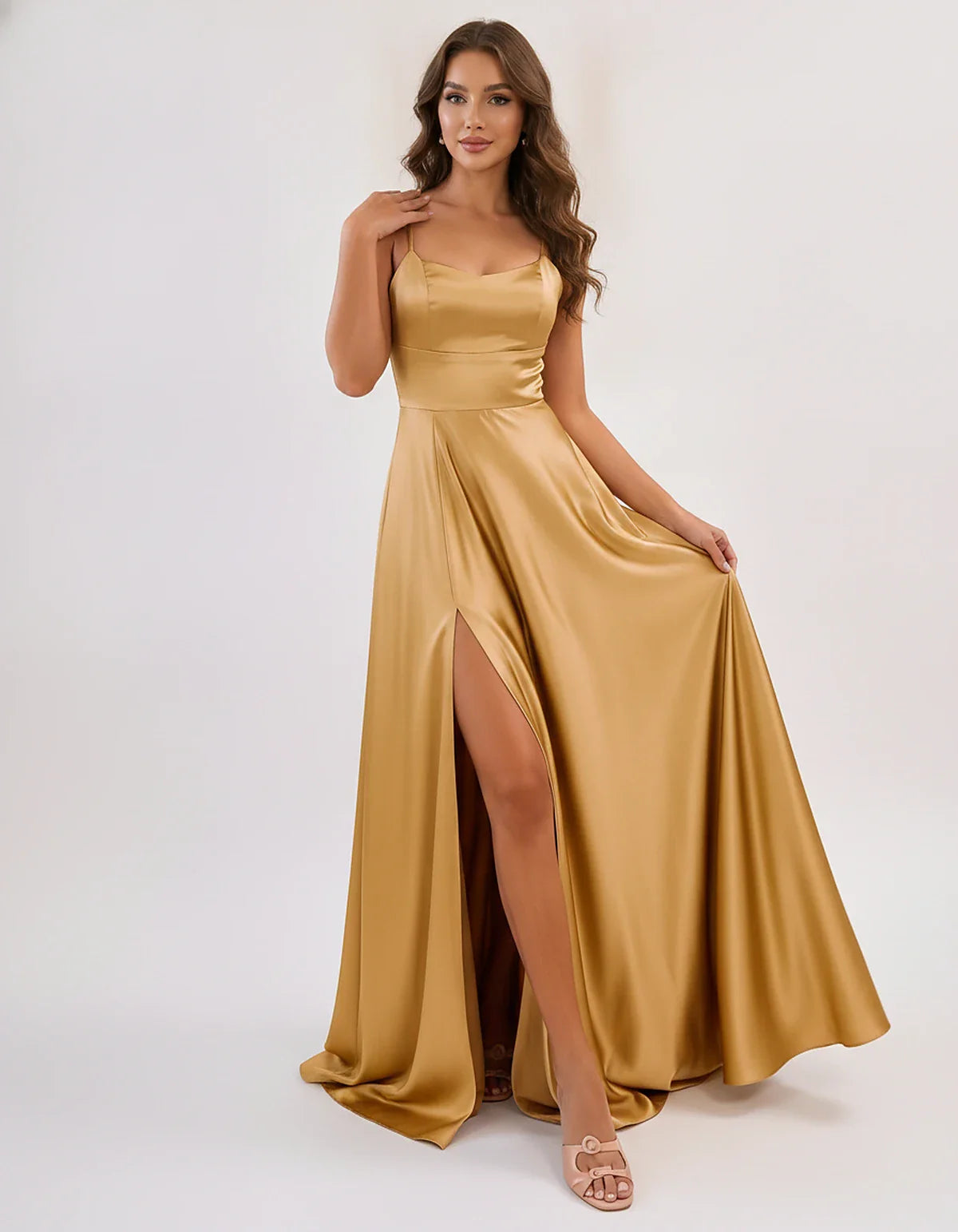 Satin Spaghetti Strap Scoop Neck A-Line Maxi Dress for Party, Cocktail, Evening, Wedding Guest, Bridesmaid & Summer Events, f | SKU: LMD-583741926184527-GOLD-L,LMD-583741926184527-GOLD-M,LMD-583741926184527-GOLD-S,LMD-583741926184527-GOLD-XL,LMD-583741926184527-GOLD-XS