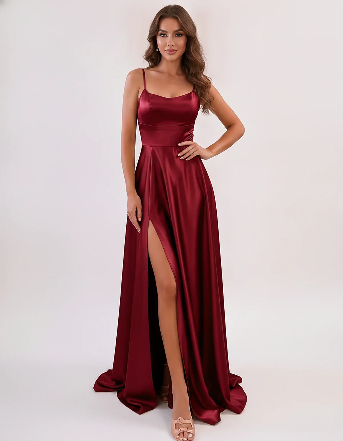 Satin Spaghetti Strap Scoop Neck A-Line Maxi Dress for Party, Cocktail, Evening, Wedding Guest, Bridesmaid & Summer Events, f | SKU: LMD-583741926184527-BURGUNDY-L,LMD-583741926184527-BURGUNDY-M,LMD-583741926184527-BURGUNDY-S,LMD-583741926184527-BURGUNDY-XL,LMD-583741926184527-BURGUNDY-XS