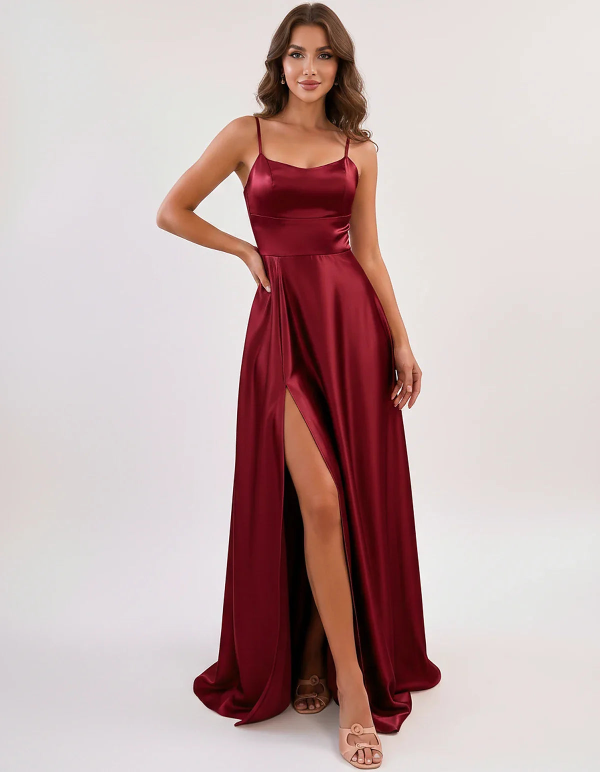 Satin Spaghetti Strap Scoop Neck A-Line Maxi Dress for Party, Cocktail, Evening, Wedding Guest, Bridesmaid & Summer Events, f | SKU: LMD-583741926184527-BURGUNDY-L,LMD-583741926184527-BURGUNDY-M,LMD-583741926184527-BURGUNDY-S,LMD-583741926184527-BURGUNDY-XL,LMD-583741926184527-BURGUNDY-XS