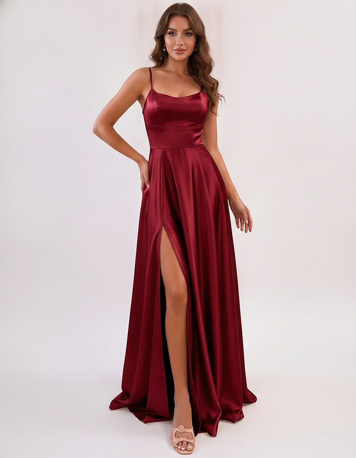 Satin Spaghetti Strap Scoop Neck A-Line Maxi Dress for Party, Cocktail, Evening, Wedding Guest, Bridesmaid & Summer Events, f | SKU: LMD-583741926184527-BURGUNDY-L,LMD-583741926184527-BURGUNDY-M,LMD-583741926184527-BURGUNDY-S,LMD-583741926184527-BURGUNDY-XL,LMD-583741926184527-BURGUNDY-XS