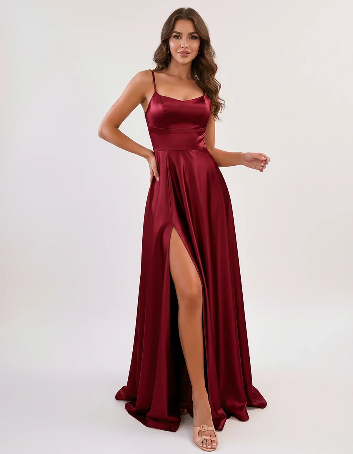 Satin Spaghetti Strap Scoop Neck A-Line Maxi Dress for Party, Cocktail, Evening, Wedding Guest, Bridesmaid & Summer Events, f | SKU: LMD-583741926184527-BURGUNDY-L,LMD-583741926184527-BURGUNDY-M,LMD-583741926184527-BURGUNDY-S,LMD-583741926184527-BURGUNDY-XL,LMD-583741926184527-BURGUNDY-XS
