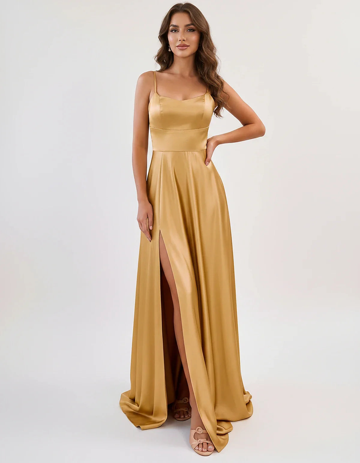 Satin Spaghetti Strap Scoop Neck A-Line Maxi Dress for Party, Cocktail, Evening, Wedding Guest, Bridesmaid & Summer Events, f | SKU: LMD-583741926184527-GOLD-L,LMD-583741926184527-GOLD-M,LMD-583741926184527-GOLD-S,LMD-583741926184527-GOLD-XL,LMD-583741926184527-GOLD-XS