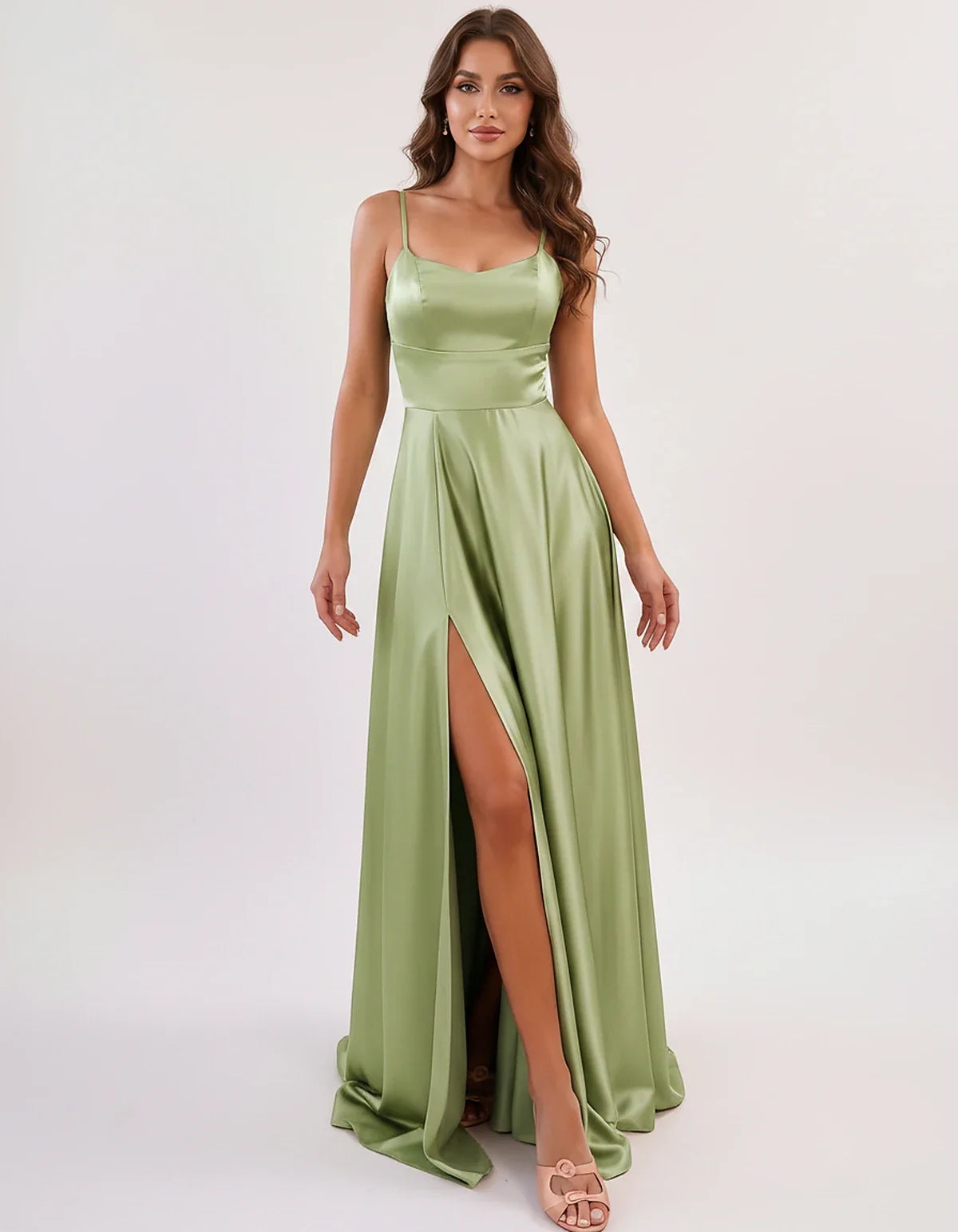 Satin Spaghetti Strap Scoop Neck A-Line Maxi Dress for Party, Cocktail, Evening, Wedding Guest, Bridesmaid & Summer Events, f | SKU: LMD-583741926184527-SAGE-L,LMD-583741926184527-SAGE-M,LMD-583741926184527-SAGE-S,LMD-583741926184527-SAGE-XL,LMD-583741926184527-SAGE-XS
