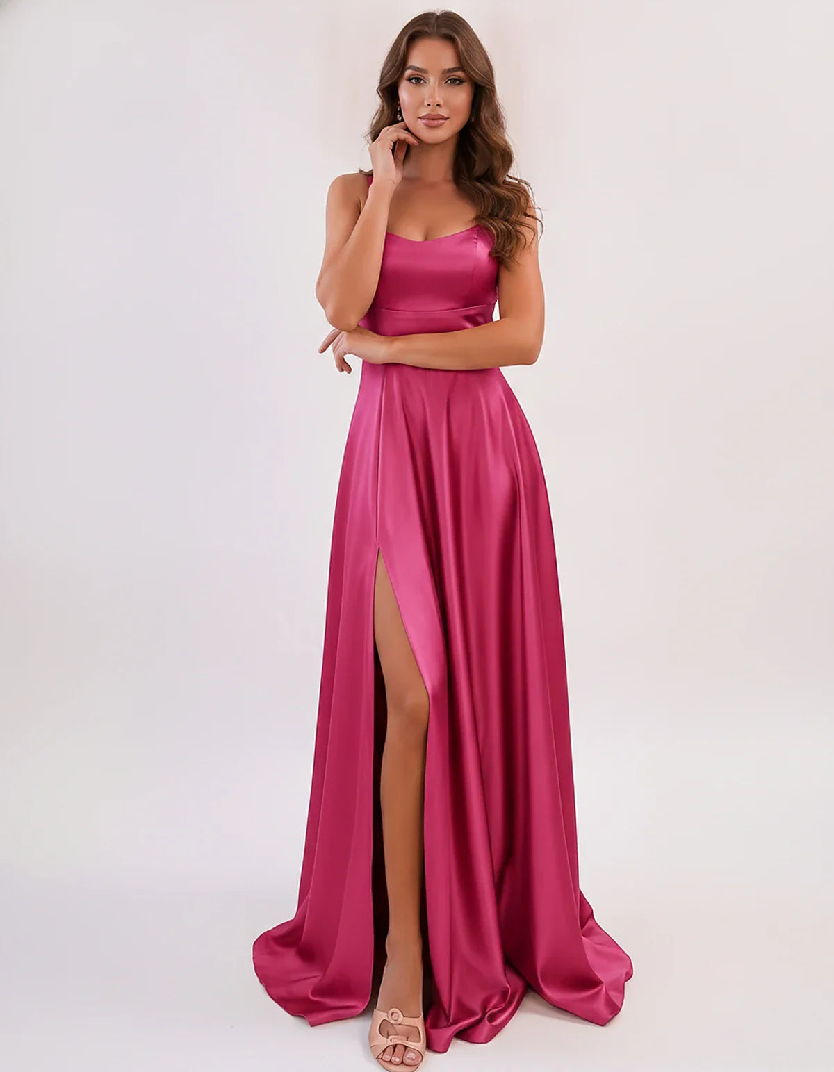 Satin Spaghetti Strap Scoop Neck A-Line Maxi Dress for Party, Cocktail, Evening, Wedding Guest, Bridesmaid & Summer Events, f | SKU: LMD-583741926184527-FUCHSIA-L,LMD-583741926184527-FUCHSIA-M,LMD-583741926184527-FUCHSIA-S,LMD-583741926184527-FUCHSIA-XL,LMD-583741926184527-FUCHSIA-XS