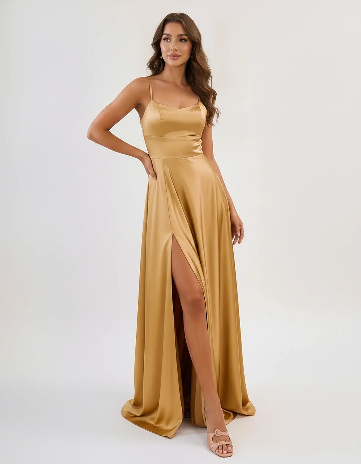 Satin Spaghetti Strap Scoop Neck A-Line Maxi Dress for Party, Cocktail, Evening, Wedding Guest, Bridesmaid & Summer Events, f | SKU: LMD-583741926184527-GOLD-L,LMD-583741926184527-GOLD-M,LMD-583741926184527-GOLD-S,LMD-583741926184527-GOLD-XL,LMD-583741926184527-GOLD-XS