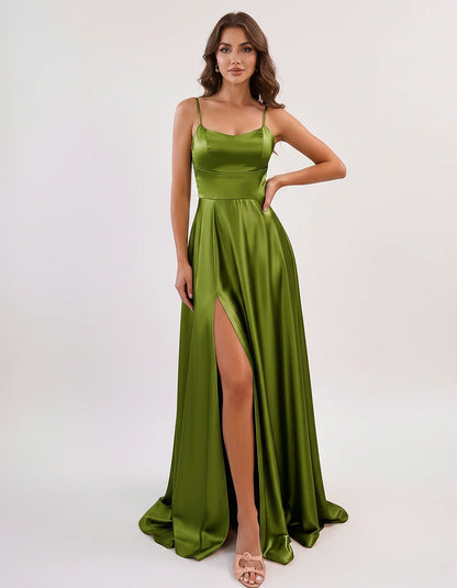 Satin Spaghetti Strap Scoop Neck A-Line Maxi Dress for Party, Cocktail, Evening, Wedding Guest, Bridesmaid & Summer Events, f | SKU: LMD-583741926184527-OLIVE-L,LMD-583741926184527-OLIVE-M,LMD-583741926184527-OLIVE-S,LMD-583741926184527-OLIVE-XL,LMD-583741926184527-OLIVE-XS