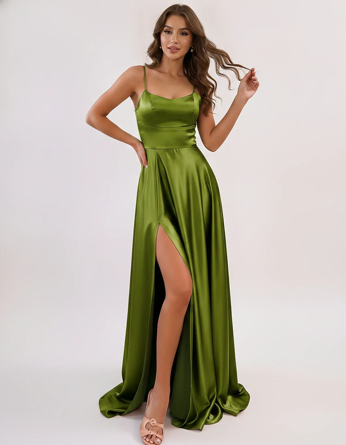 Satin Spaghetti Strap Scoop Neck A-Line Maxi Dress for Party, Cocktail, Evening, Wedding Guest, Bridesmaid & Summer Events, f | SKU: LMD-583741926184527-OLIVE-L,LMD-583741926184527-OLIVE-M,LMD-583741926184527-OLIVE-S,LMD-583741926184527-OLIVE-XL,LMD-583741926184527-OLIVE-XS