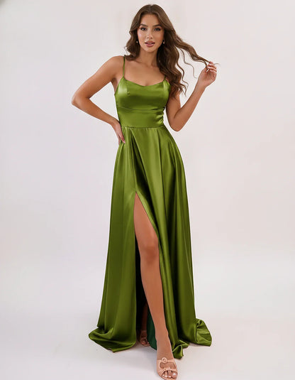 Satin Spaghetti Strap Scoop Neck A-Line Maxi Dress for Party, Cocktail, Evening, Wedding Guest, Bridesmaid & Summer Events, f | SKU: LMD-583741926184527-OLIVE-L,LMD-583741926184527-OLIVE-M,LMD-583741926184527-OLIVE-S,LMD-583741926184527-OLIVE-XL,LMD-583741926184527-OLIVE-XS