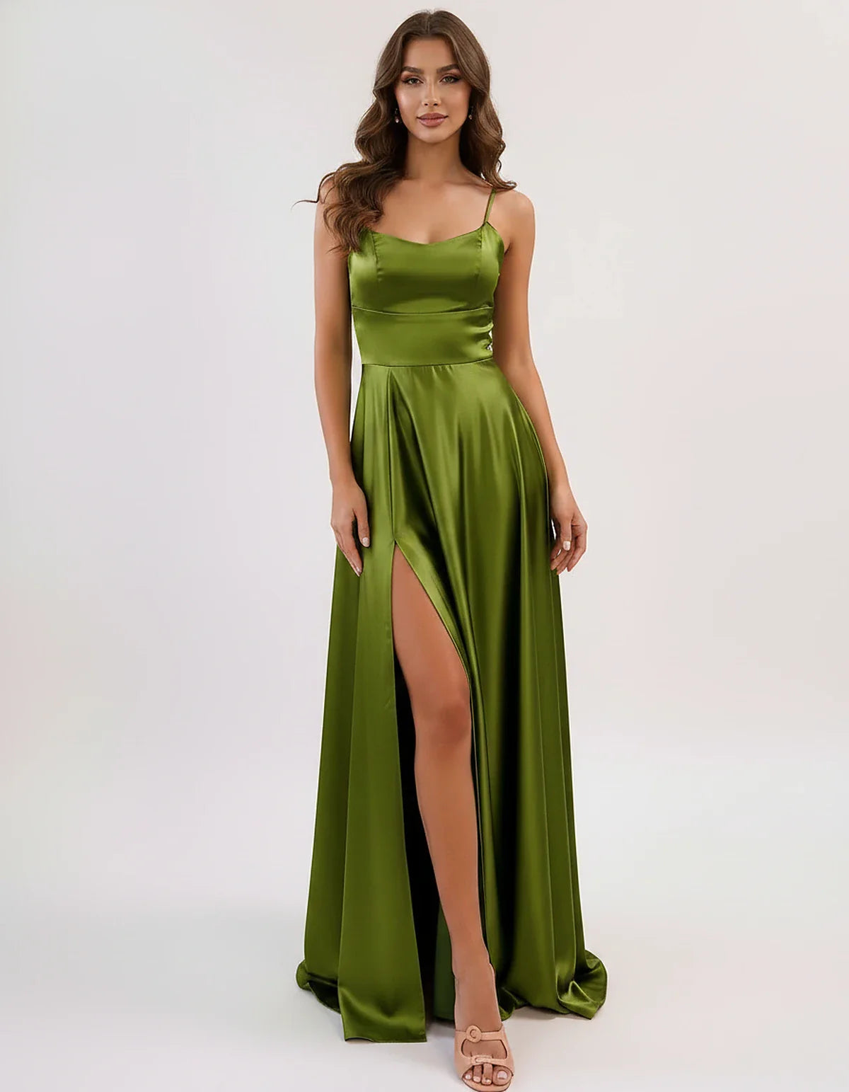 Satin Spaghetti Strap Scoop Neck A-Line Maxi Dress for Party, Cocktail, Evening, Wedding Guest, Bridesmaid & Summer Events, f | SKU: LMD-583741926184527-OLIVE-L,LMD-583741926184527-OLIVE-M,LMD-583741926184527-OLIVE-S,LMD-583741926184527-OLIVE-XL,LMD-583741926184527-OLIVE-XS