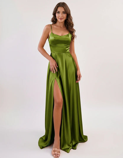 Satin Spaghetti Strap Scoop Neck A-Line Maxi Dress for Party, Cocktail, Evening, Wedding Guest, Bridesmaid & Summer Events, f | SKU: LMD-583741926184527-OLIVE-L,LMD-583741926184527-OLIVE-M,LMD-583741926184527-OLIVE-S,LMD-583741926184527-OLIVE-XL,LMD-583741926184527-OLIVE-XS